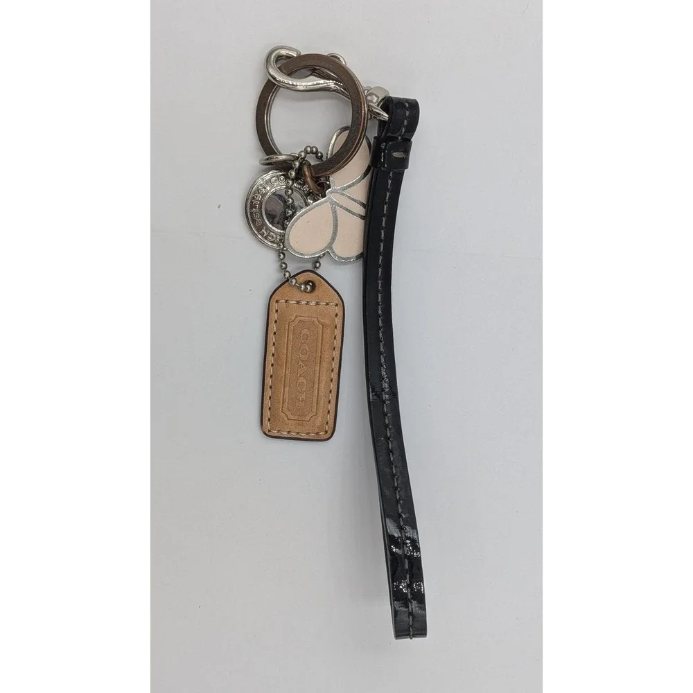 Coach Keychain Bag Charm Pink Butterfly Tan Silver Leather Hangtag Logo Vintage
